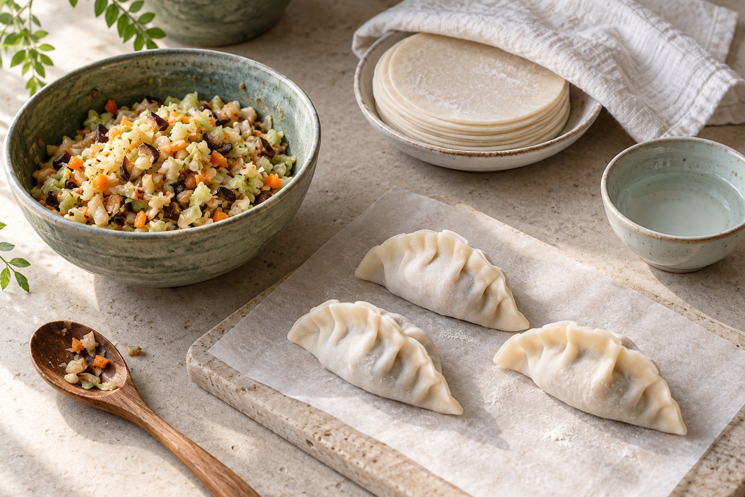A dumpling preparation scene with wrappers, vegetable filling, a water dish and a lined tray